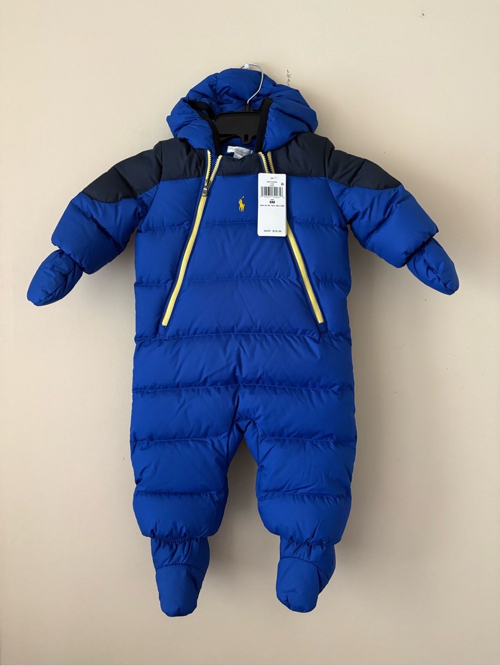 Ralph Lauren Royal Blue Hooded Puffer One-Piece with Yellow Trim Sz.6 M New